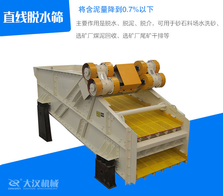 直線脫水篩主要作用是脫水、脫泥、脫介,可用于砂石料場(chǎng)水洗砂、 選礦廠煤泥回收、選礦廠尾礦干排等